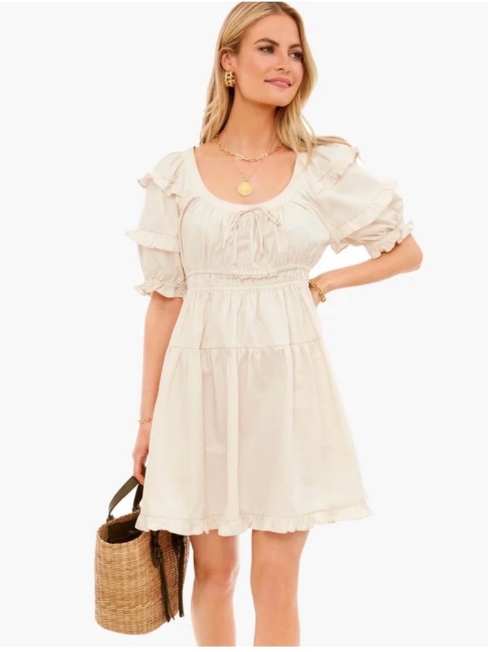 En Saison Sveta Mini Dress Cream PuffSleeve Shirred Poplin Ruffle XS Cottagecore